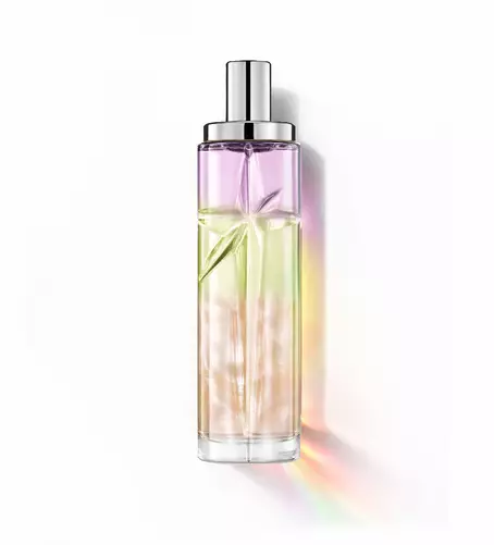 Yummy Swirl : flacon élancé avec dégradé violet, vert et orange sur fond blanc.