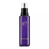 Flacon recharge de parfum Mugler Alien avec pompe noire sur fond blanc