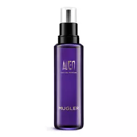 Flacon recharge de parfum Mugler Alien avec pompe noire sur fond blanc