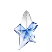 Flacon étoile Angel Mugler bleu avec bouchon argenté sur fond gris clair