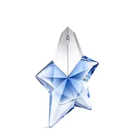 Flacon étoile Angel Mugler bleu avec bouchon argenté sur fond gris clair