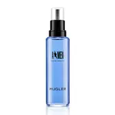Flacon recharge Eau de Toilette A*Men bleu avec capuchon pulvérisateur noir sur fond blanc.