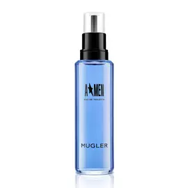 Flacon recharge Eau de Toilette A*Men bleu avec capuchon pulvérisateur noir sur fond blanc.