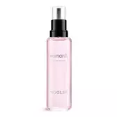Flacon recharge de parfum Pink Mugler Womanity avec pompe noire sur fond blanc