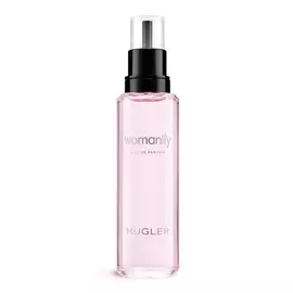 Flacon recharge de parfum Pink Mugler Womanity avec pompe noire sur fond blanc