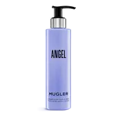 Flacon de lotion parfumée pour le corps Mugler Angel sur fond gris clair.