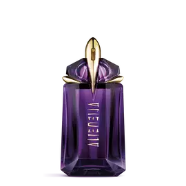 Flacon de parfum Mugler Alien violet sur fond gris clair
