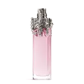Flacon de parfum Mugler Womanity rose avec bouchon sculpté argenté sur fond gris clair