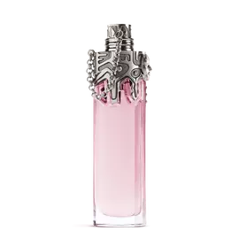 Flacon de parfum Mugler Womanity rose avec bouchon sculpté argenté sur fond gris clair