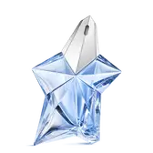 Flacon étoile Angel Mugler bleu avec bouchon argenté sur fond gris clair