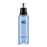 Flacon recharge d’eau de parfum Blue Angel Mugler avec pompe noire sur fond blanc