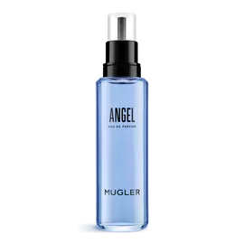 Flacon recharge d’eau de parfum Blue Angel Mugler avec pompe noire sur fond blanc